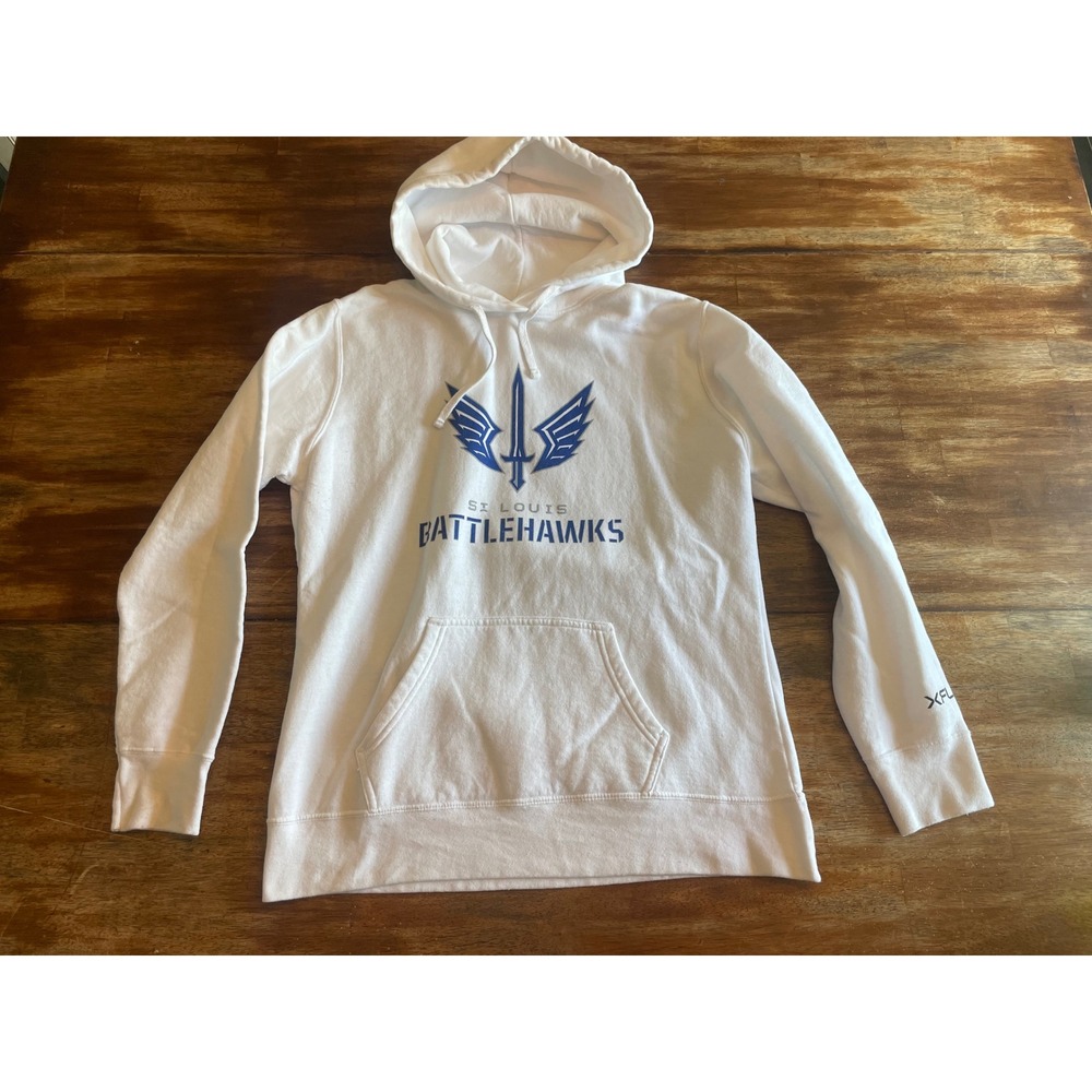 XFL St Louis Battlehawks Hoodie White Fleece Pullover Sweatshirt Mens Large